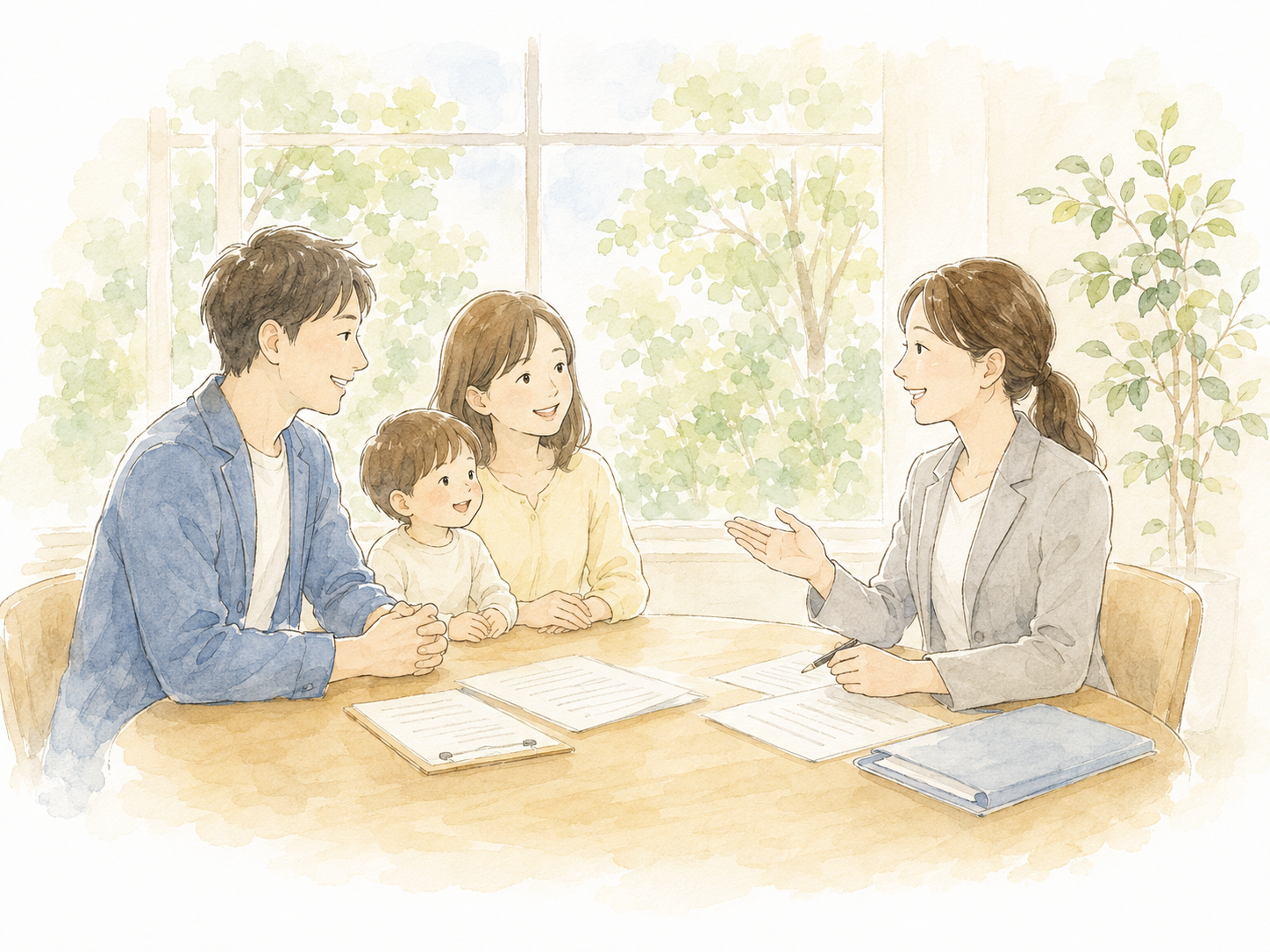家族が司法書士に相談している水彩イラスト